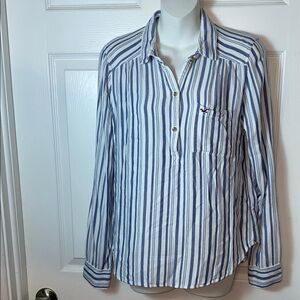 Hollister Women Navy and White Striped Button Down Shirt Soft Viscous Size Med
